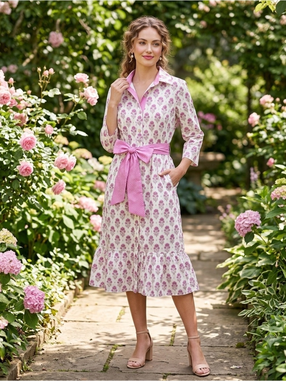 Patty Kim Pink Floral Cotton Shirt Dress Polka Dot Sash Belt Cottagecore M